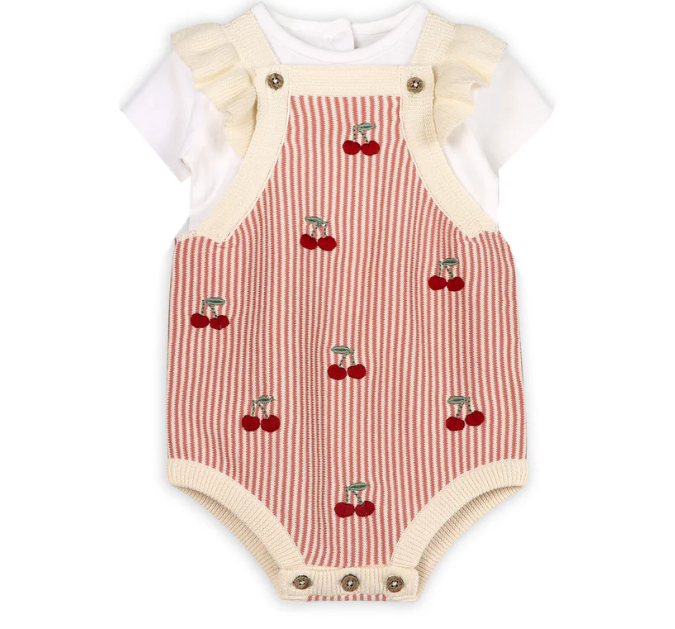 Cherry Stripe Embroidered Ruffle Romper 3-6M