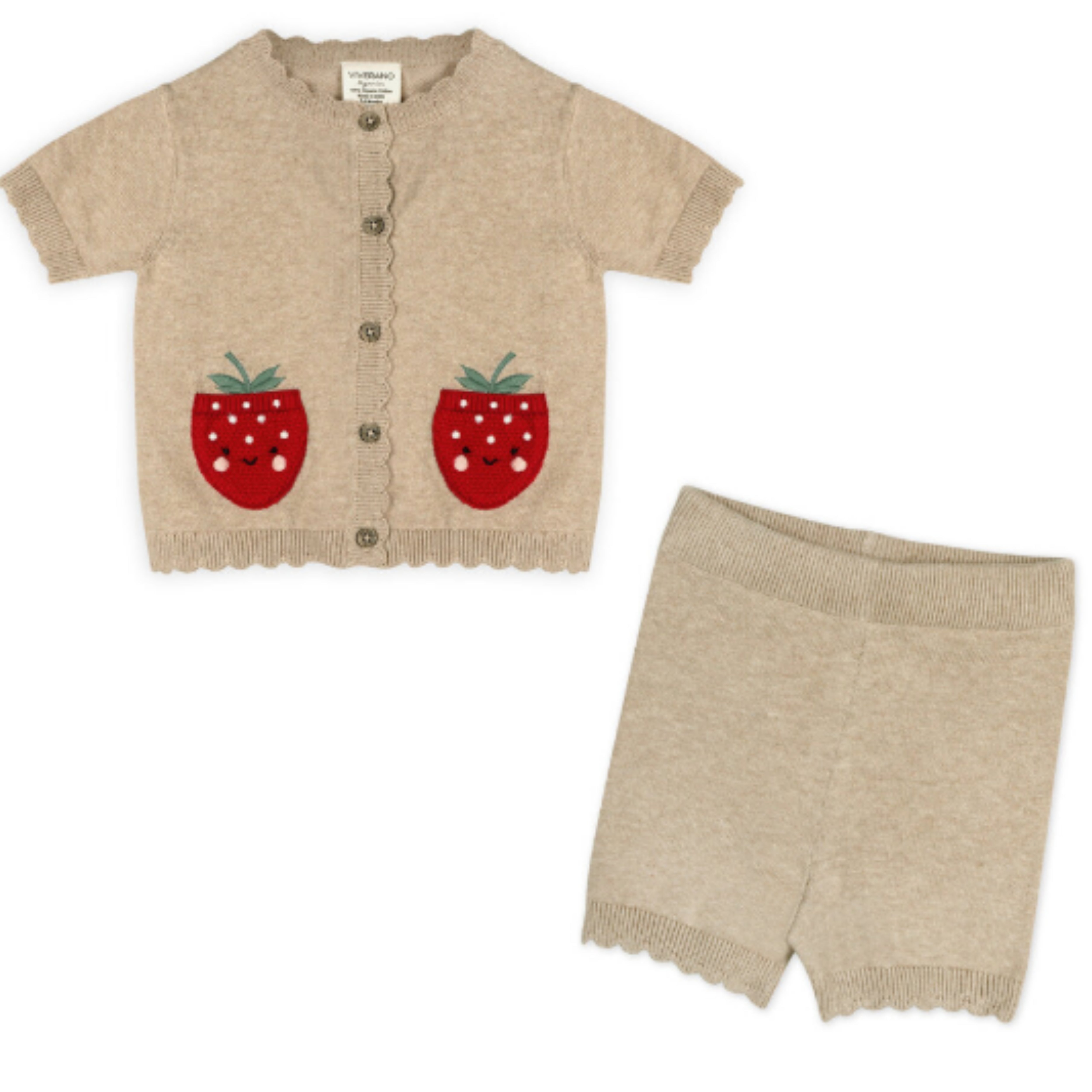 Strawberry Pocket Cardigan Shorts Set - Oat Heather 3-6M