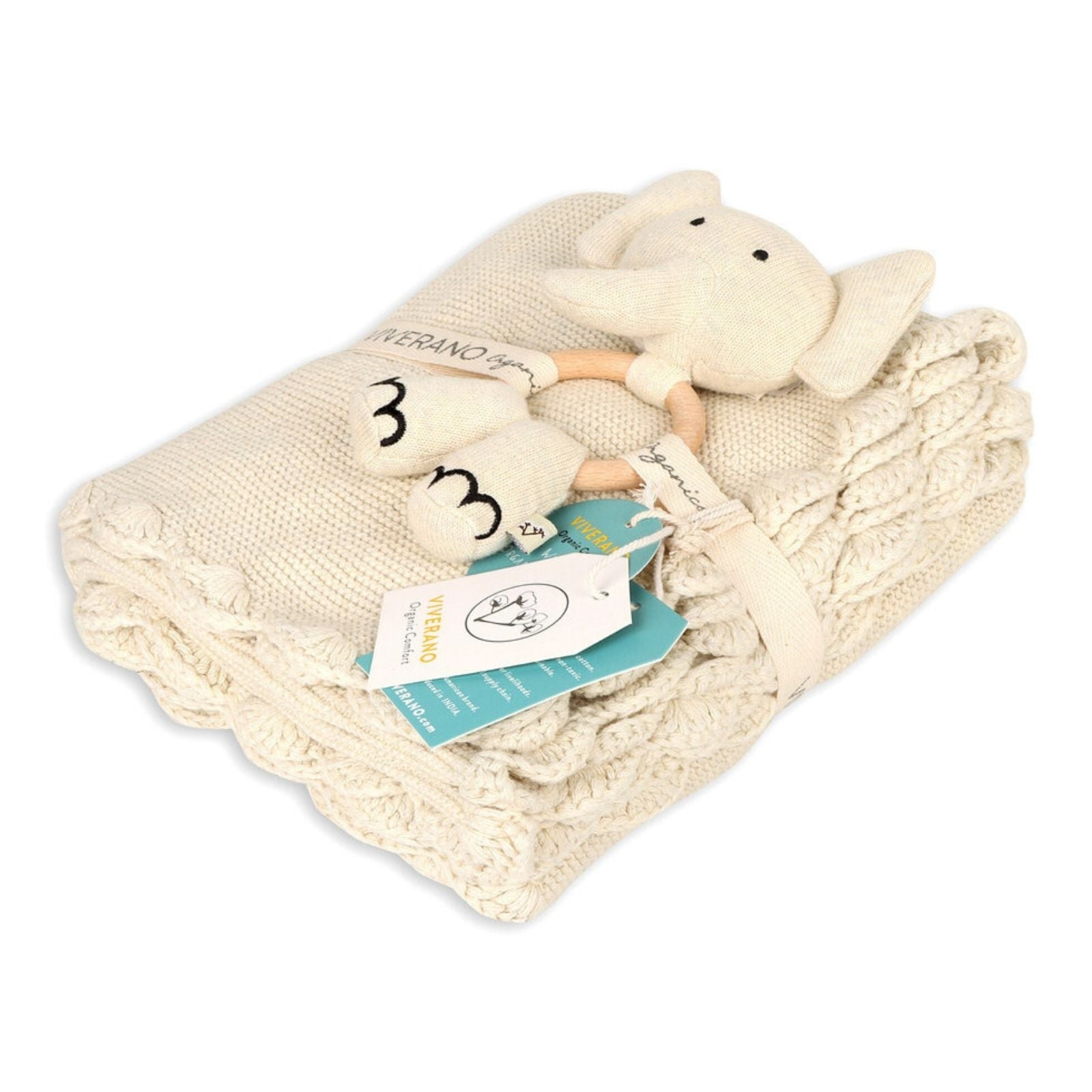 Knit Baby Blanket Elephant Rattle Gift Set - Natural Heather