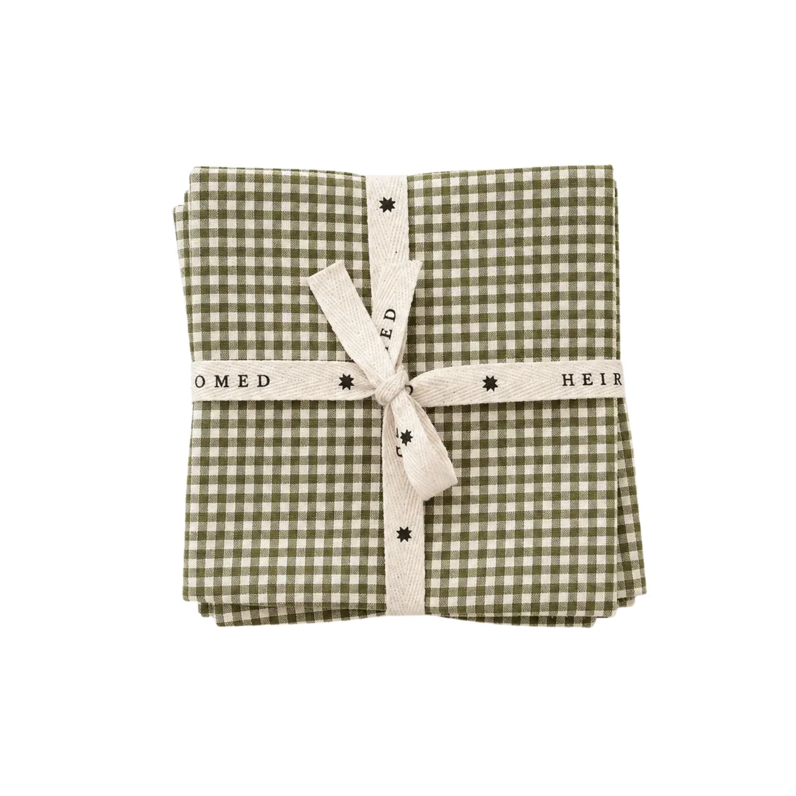 Cocktail Napkin Set Linen - Olive Green Gingham Set of 4
