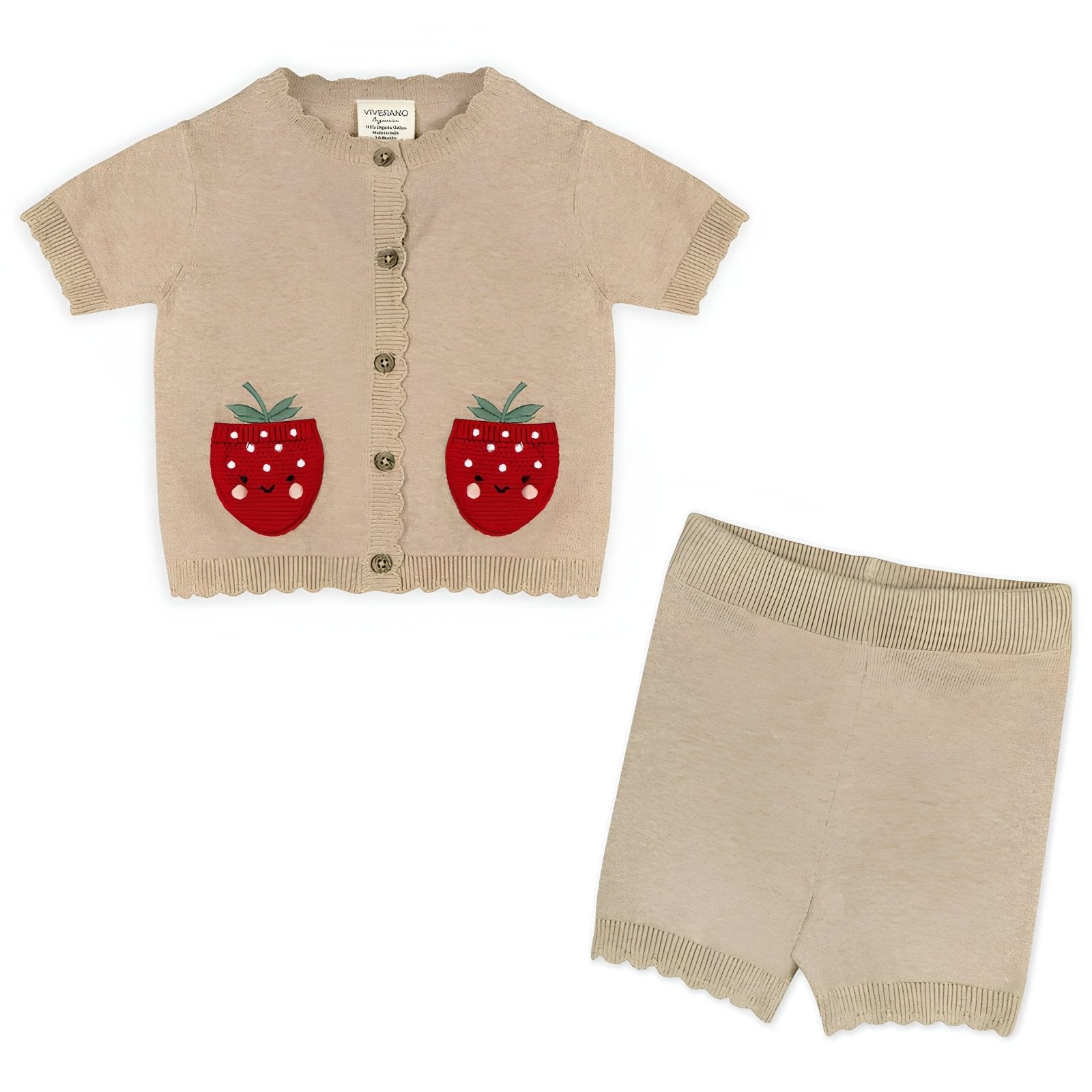 Strawberry Pocket Cardigan Shorts Set - Oat Heather 3-6M