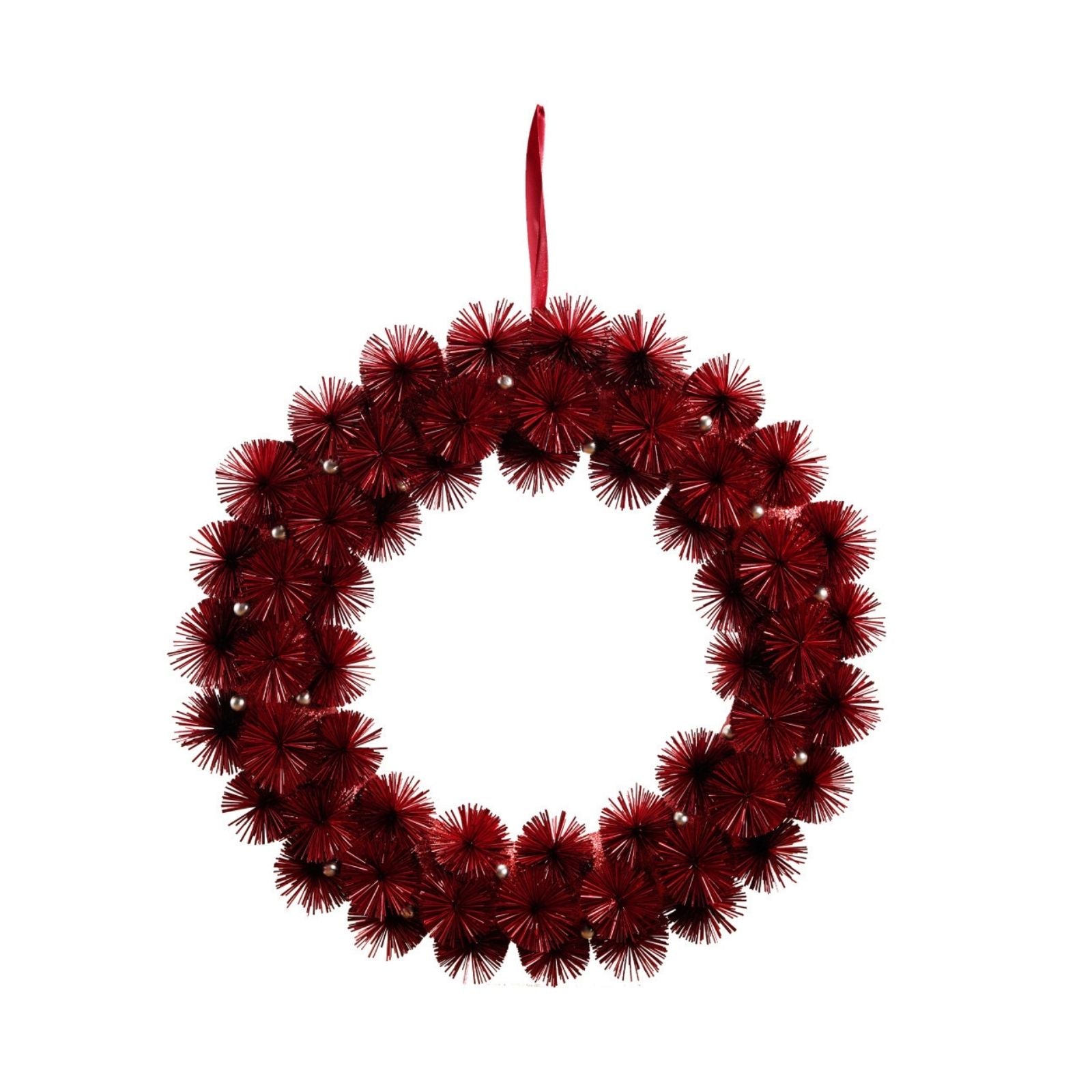 Tinsel Wreath with Silver Beads - Red
