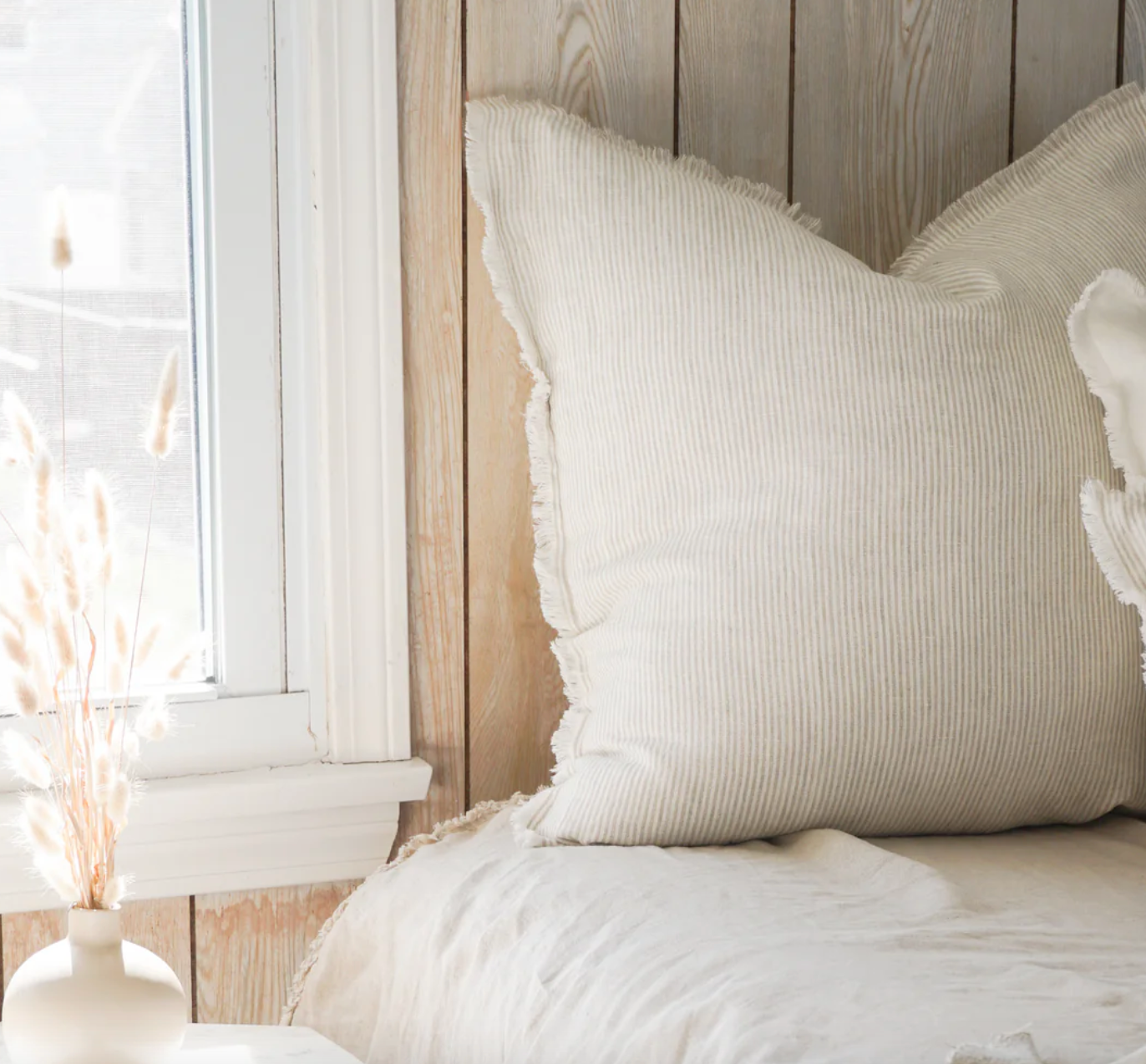 Natural Beige & White Pinstripe 20x20 Down So Soft Linen Pillow