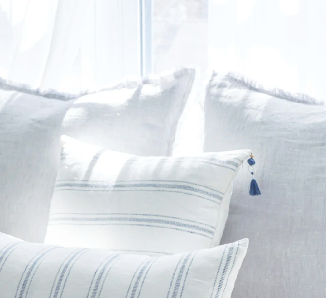 White w/ Blue Stripes 20x20 Down So Soft Linen Pillow