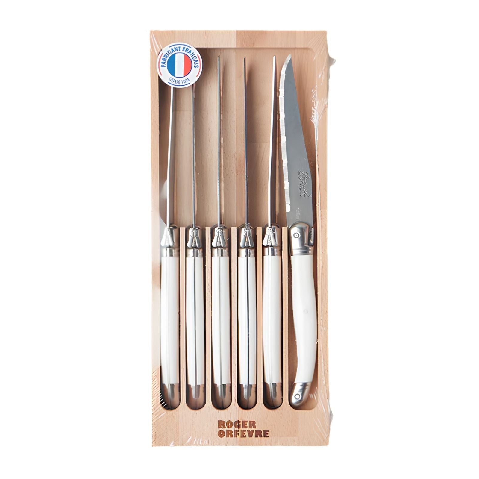 The Original French Laguiole Steak Knives, Set of 6, Wood Drawer Box, White