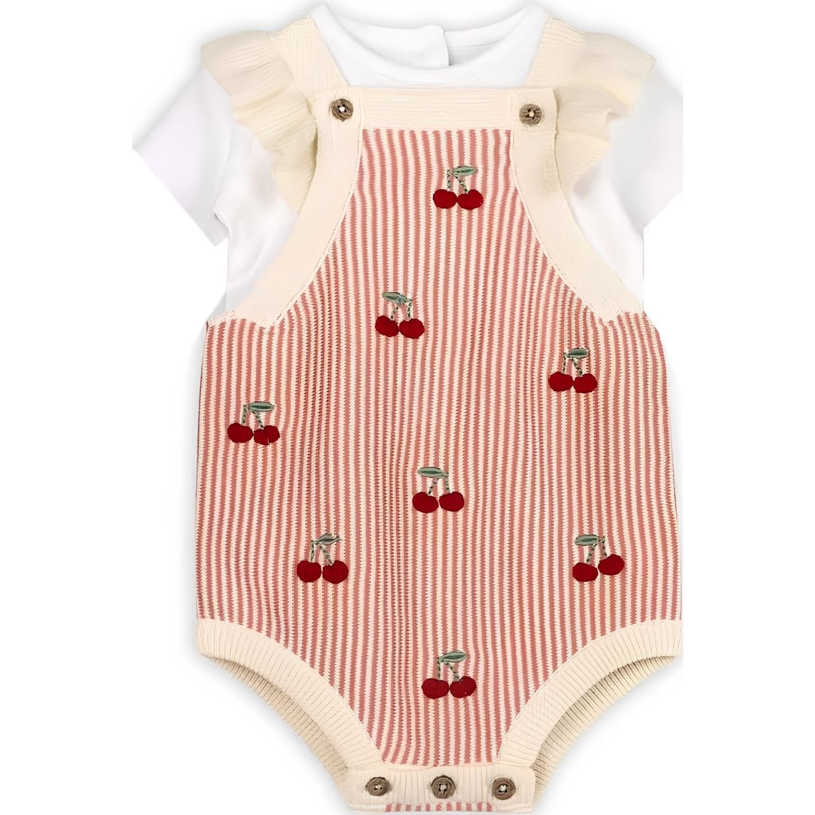 Cherry Stripe Embroidered Ruffle Romper 3-6M