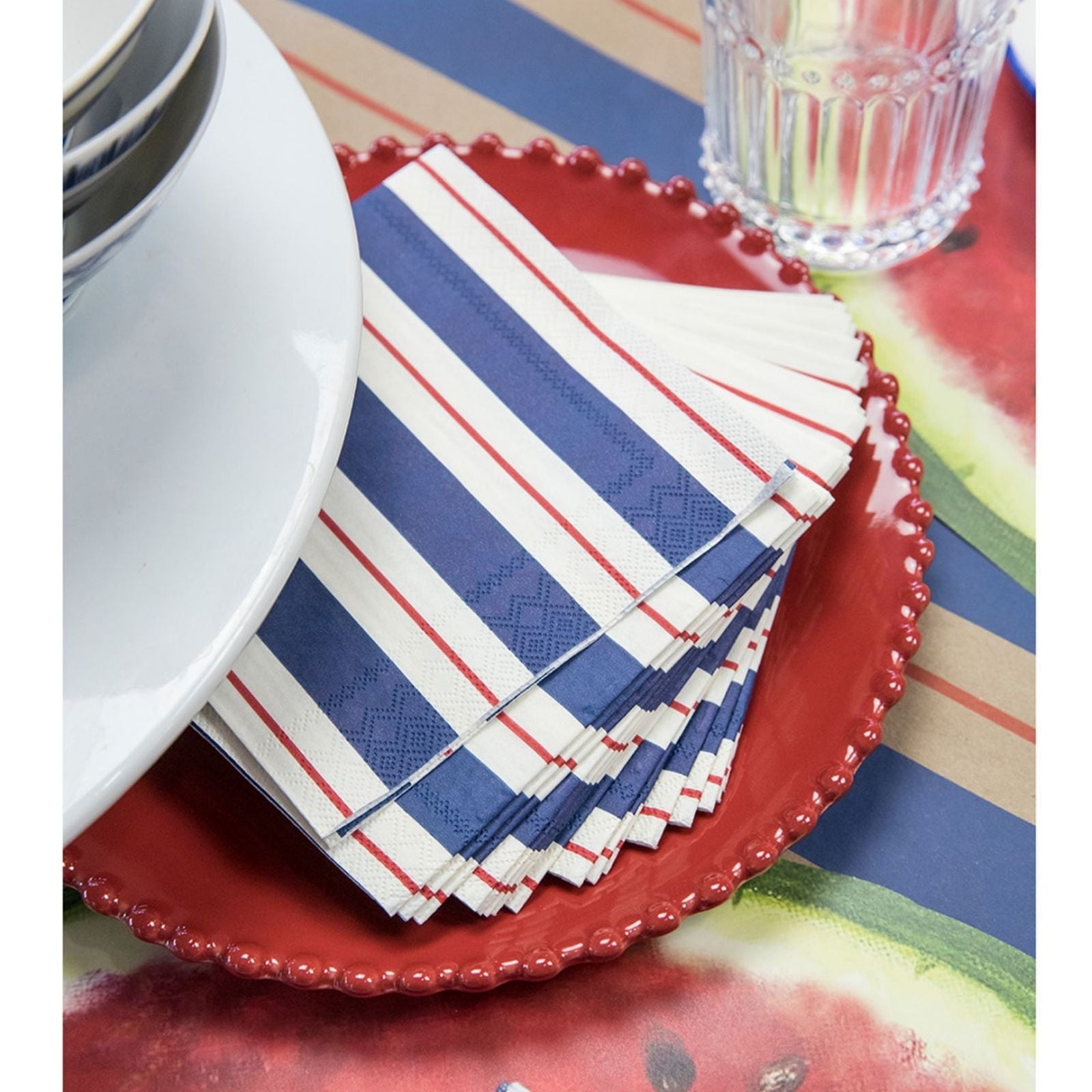 Navy & Red Awning Stripe Cocktail Napkin